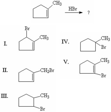 What is the major product of the following reaction?   A) I B) II C) III D) IV E) V