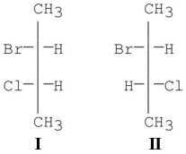 When (R) -2-bromobutane reacts with Cl<sub>2</sub>/hv,which of the following is true?   A) Only I is formed. B) Only II is formed. C) I and II are formed in equal amounts. D) I and II are formed in unequal amounts. E) I and II could never form under these conditions.