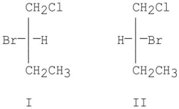 When (R) -2-bromobutane reacts with Cl<sub>2</sub>/hv,which of the following is true?   A) I is formed. B) II is formed. C) I and II are formed in equal amounts. D) I and II are formed in unequal amounts. E) I and II could never form under these conditions.