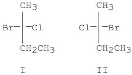 When (R) -2-chlorobutane reacts with Br<sub>2</sub>/hv,which of the following is true?   A) Only I is formed. B) Only II is formed. C) Both I and II are formed in equal amounts. D) Both I and II are formed in unequal amounts. E) Both I and II could never form under these conditions.