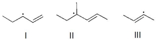 Which of the following is an allylic radical?   A) I B) II C) III D) I and II E) I,II and III