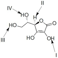 Vitamin C,shown below,is an antioxidant that undergoes hydrogen atom abstraction reaction with damaging radicals.Indicate which of the labeled hydrogens is prone to abstraction by a radical?   A) I B) II C) III D) IV E) All of the above can be abstracted with equal probability.