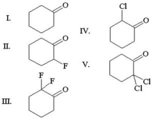 Which of the following carbonyl groups exhibits the highest wavenumber in infrared spectroscopy?   A) I B) II C) III D) IV E) V