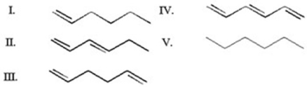 Which of the following compounds exhibits the highest λ<sub>max</sub> in UV spectra?   A) I B) II C) III D) IV E) V