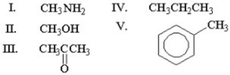 Which of the following methyl groups will exhibit the most downfield (highest) chemical shift in <sup>1</sup>H NMR spectroscopy?   A) I B) II C) III D) IV E) V