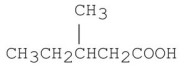 What is the IUPAC name for the following compound?   A) 3-methylpentanoic acid B) isohexanoic acid C) β-methylvaleric acid D) 2-methylpentanoic acid E) 3-methylvaleric acid