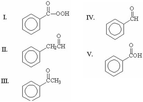 Which of the following compounds is benzaldehyde?   A) I B) II C) III D) IV E) V