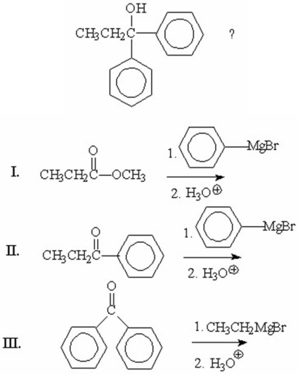 Which of the following reactions can be used to prepare   A) I B) II C) III D) B and C E) A,B and C