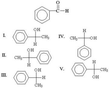 Which enantiomer is formed from attack of a methyl Grignard reagent on the si face of benzaldehyde?   A) I B) II C) III D) IV E) V