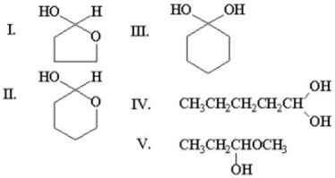 The compound shown below can form a hemiacetal by reacting with itself in solution.   What is the structure of this hemiacetal?   A) I B) II C) III D) IV E) V