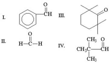 Which of the following compounds does not have an alpha hydrogen?   A) I B) II C) III D) IV E) all of the above