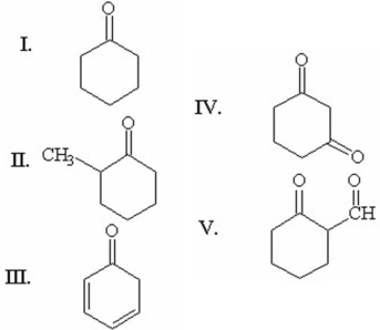 When compared to the keto form,the enol form of which of the following compounds is most stable?   A) I B) II C) III D) IV E) V