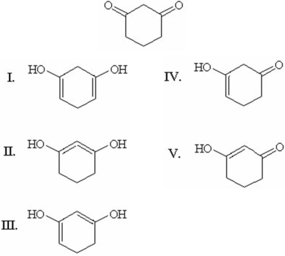 Which of the following is the most stable enol form of 1,3-cyclohexanedione?   A) I B) II C) III D) IV E) V