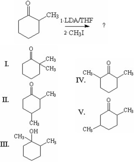 What is the major organic product of the following reaction?   A) I B) II C) III D) IV E) V