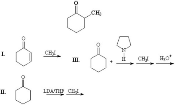 Which of the following methods can be used to prepare the following compound?   A) I B) II C) III D) II and III E) I,II,and III