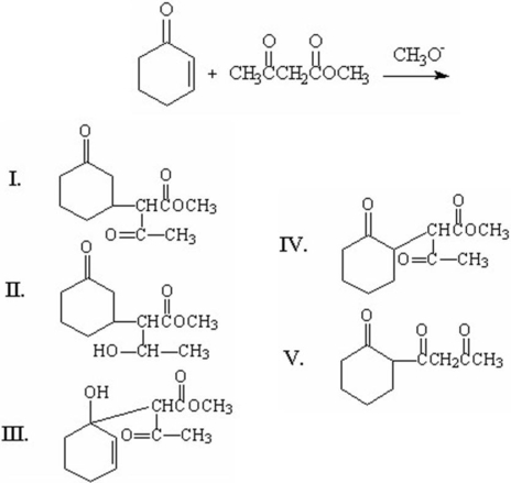 What is the major organic product of the following reaction?   A) I B) II C) III D) IV E) V