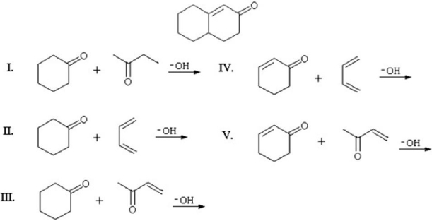 What materials would you use to prepare the following compound using a Robinson Annulation?   A) I B) II C) III D) IV E) V