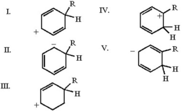 Which of the following is one of the resonance contributors of the intermediate produced in a Friedel-Crafts alkylation of benzene?   A) I B) II C) III D) IV E) V