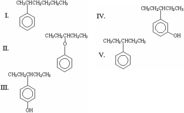 What is the structure of 3-phenylpentane?   A) I B) II C) III D) IV E) V