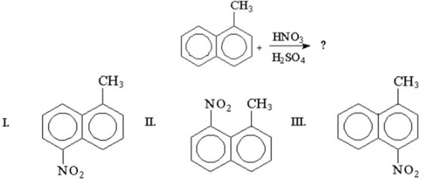 What is the major product of the following reaction?   A) I B) II C) III D) A and B equally E) A and C equally