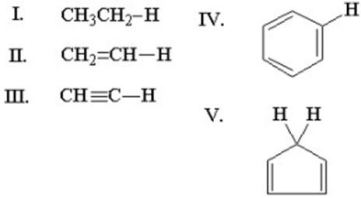 Which of the following is the most acidic?   A) I B) II C) III D) IV E) V