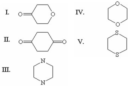 Which of the following is the structure of 1,4-dioxane?   A) I B) II C) III D) IV E) V