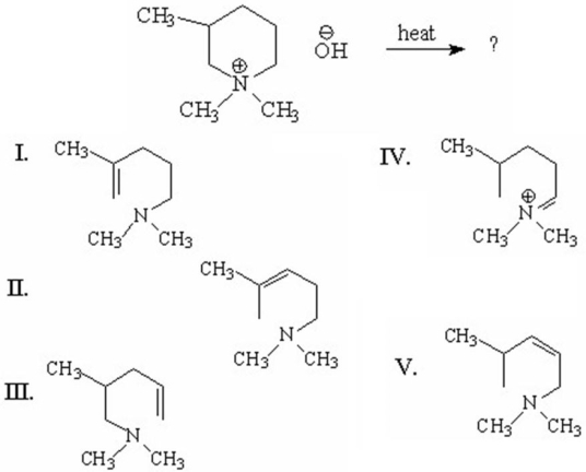 What is the major alkene formed in the following Hofmann elimination?   A) I B) II C) III D) IV E) V