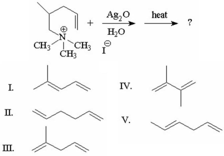 What is the major alkene formed in the following reaction?   A) I B) II C) III D) IV E) V
