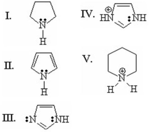 Which of the following heterocyclics has the lowest pKa value?   A) I B) II C) III D) IV E) V