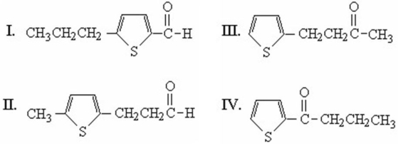 An unknown compound has the formula C<sub>8</sub>H<sub>10</sub>OS,and is known to contain a thiophene ring.The proton NMR spectrum of this compound is: δ0.98,triplet,3H Δ1) 74,multiplet,2H Δ2) 80,triplet,2H Δ7) 04,multiplet,1H Δ7) 55,multiplet,2H What is the structure of this unknown?   A) I B) II C) III D) IV