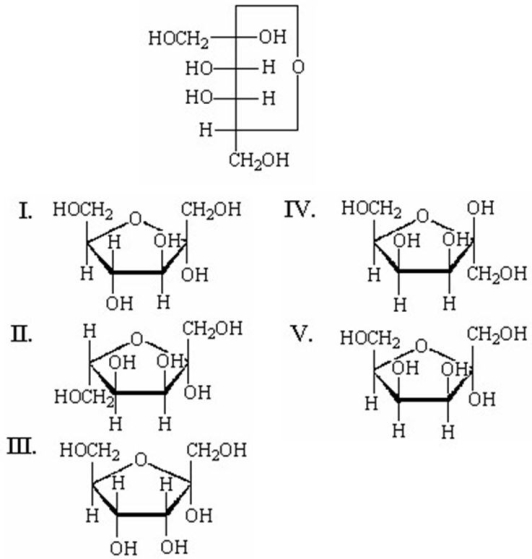 Which of the following is the Haworth projection of a α-D-tagatofuranose?   A) I B) II C) III D) IV E) V