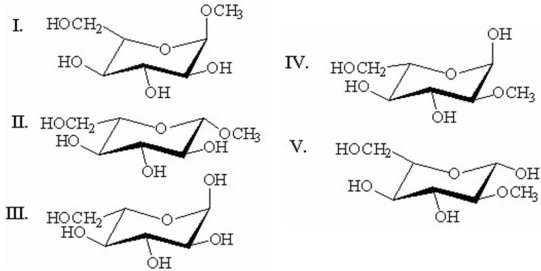 Which of the following is methyl-α-D-glucopyranoside?   A) I B) II C) III D) IV E) V