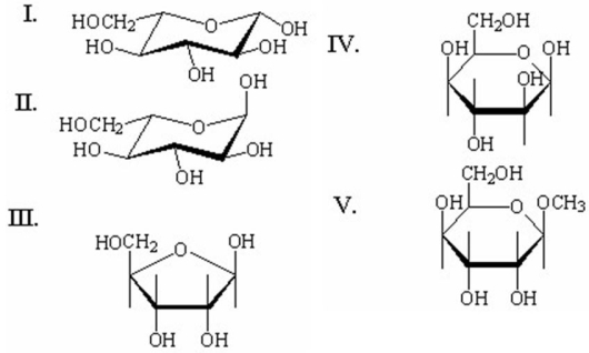 Which of the following compounds is a nonreducing sugar?   A) I B) II C) III D) IV E) V