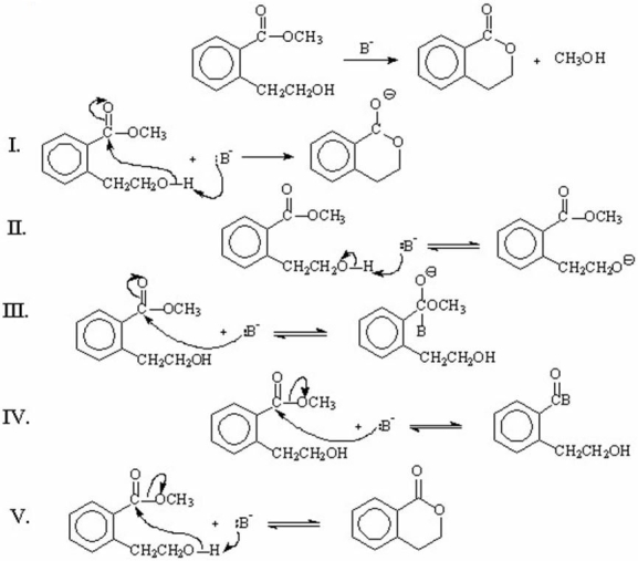 Which of the following represents the first step(s) in the mechanism involving general-base catalysis for the reaction shown below?   A) I B) II C) III D) IV E) V