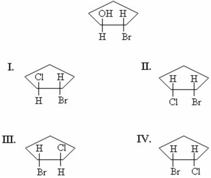 A pure sample of the trans-2-bromocyclopentanol enantiomer shown below reacts with HCl.The reaction proceeds by way of a bromonium ion.What is/are the product(s) of the reaction?   A) I only B) II only C) I and III D) II and IV