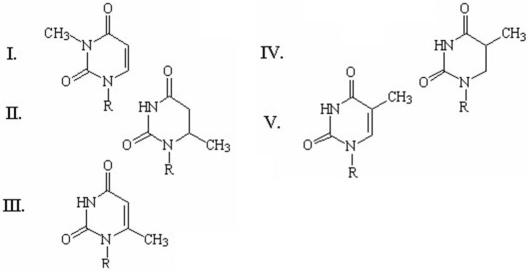 The thymine molecule used for the biosynthesis of DNA is synthesized from uracil as shown below.   The structure of dTMP is a methylated dUMP.What is the structure of dTMP?   A) I B) II C) III D) IV E) V