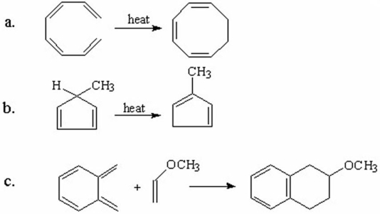 Indicate whether each of the following reactions is an electrocyclic reaction,a cycloaddition reaction,or a sigmatropic rearrangement.  