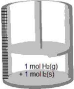 Consider the following reaction.H<sub>2</sub>(g)  + I<sub>2</sub>(s)  → 2 HI(g)  If the cylinder with a movable piston below contains 1 mol H<sub>2</sub>(g)  and 1 mol I<sub>2</sub>(s) , which represents the cylinder after the reaction is complete?    A)    B)    C)    D)   E) None of the above