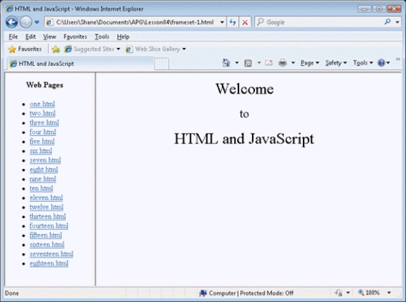 FIGURE 4-1    -Referring to Figure 4-1 above,the area on the right-hand side that says  Welcome to HTML and JavaScript  is called the ____. A)  navigation bar B)  welcome bar C)  navigation page D)  welcome page