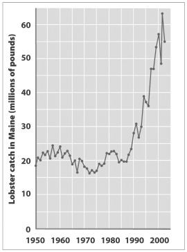 Examine the graph below.   While the dramatic increase in the Maine lobster harvest shown in the graph has been good for lobster fishermen and consumers, it may simply reflect A)  the J-shaped curve of exponential growth and signal an imminent collapse of the lobster fishery. B)  a serious disturbance in the trophic relationships of the coastal ecosystem. C)  improvements in lobster fishing or increases in the number of fishermen. D)  one of the few species that has benefited from global climate change.