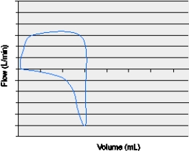 The respiratory therapist is assessing a mechanically ventilated patient for whom the high pressure alarm is active and the flow-volume loop shows the following:   The action that could alleviate this problem is which of the following? A)  Place a bite block into the patient's mouth. B)  Perform a recruitment maneuver and increase PEEP. C)  Administer a fast-acting bronchodilator and suction the ET tube. D)  Insert a 14-gauge needle into the second intercostal space,midclavicular line,right side.