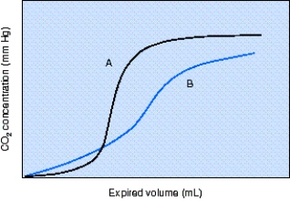 The change in the single-breath carbon dioxide (CO₂) curve from  A  to  B  shown in the figure may be a result of which of the following?   A)  Hypervolemia B)  Decreased positive end-expiratory pressure (PEEP)  C)  Increased mean airway pressure D)  Excessive bronchodilator administration