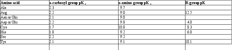 Exhibit 3A (for this chapter)    Refer to Exhibit 3A.Which one has the R-group with the highest pK? A)  Alanine B)  Arginine C)  Histidine D)  Cysteine E)  Aspartic Acid