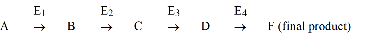 Many metabolic pathways involve multistep reactions. Consider the following pathway.   Which of the following would be an example of feedback inhibition? A)  the product of the final reaction, F, interacting with E<sub>1</sub>. B)  F interacting with an allosteric site in E<sub>4</sub>. C)  B interacting with an allosteric site in E<sub>1</sub>. D)  all of the intermediates or products in the reaction interacting with the active site in E<sub>1.</sub>