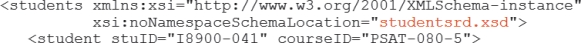 <strong>As an example of a schema code:   What is the name of the Russian Doll schema document?_______</strong> A) I8900-041 B) studentsrd.xsd C) studentsfc.xsd D) PSAT-080-5 <div style=padding-top: 35px> 