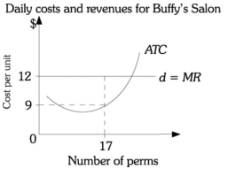 Refer to the information provided in Figure 8.7 below to answer the questions that follow.   Figure 8.7 -Refer to Figure 8.7. If Buffy gives 17 perms per day, her daily profit is A)  $3. B)  $51. C)  $153. D)  $204.