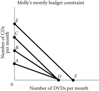 Refer to the information provided in Figure 6.5 below to answer the questions that follow.   Figure 6.5 -Refer to Figure 6.5. Molly's budget constraint is EF. If her income decreases while the price of the goods are unchanged, her new budget constraint could be A)  AD. B)  BD. C)  CD. D)  not shown on this graph.