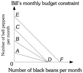 Refer to the information provided in Figure 6.6 below to answer the questions that follow.   Figure 6.6 -Refer to Figure 6.6. Bill's budget constraint is BD. If the price of bell peppers increases, Bill's new budget constraint is A)  AD. B)  AO. C)  CD. D)  EF.