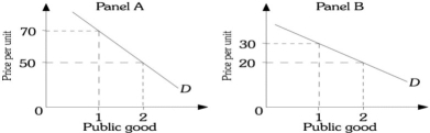 Refer to the information provided in Figure 16.6 below to answer the questions that follow.       Figure 16.6 -Refer to Figure 16.6. In the top portion of the figure are the demand curves of two people in this society for a public good. Which of the panels represents the market demand curve for the public good? A)  Panel A B)  Panel B C)  Panel C D)  Panel D