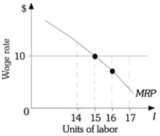 Refer to the information provided in Figure 10.1 below to answer the questions that follow.   Figure 10.1 -Refer to Figure 10.1. This firm is currently hiring 16 workers and paying a wage of $10. This firm should A)  do nothing because it is maximizing profits. B)  reduce employment to 15 workers to increase profits. C)  reduce employment to 14 workers to increase profits. D)  increase employment to 17 workers to increase profits.